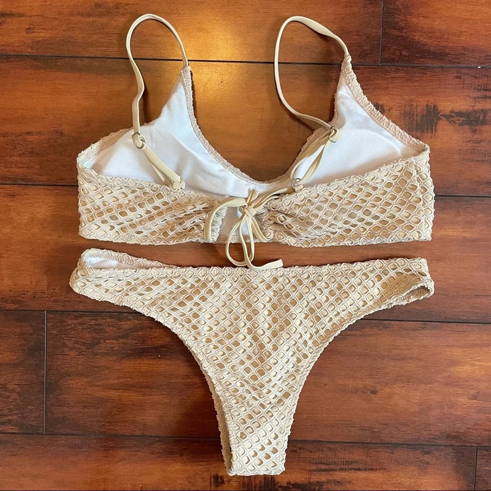 Nude Fishnet Bikini Cheeky High Leg Bottoms Criss Cross Top Size Large - Picture 2 of 14